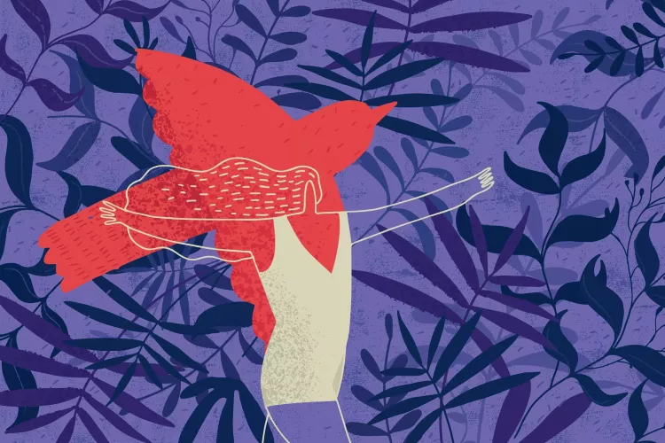 A purple-background illustration with dark purple foliage, a red cardinal bird in flight and a woman with long hair happily running with arms outstretched.
