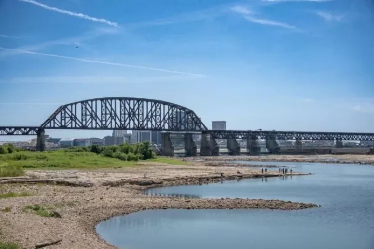 Ohio River with railroad bridge in the background.