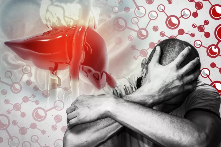 Man holding head with image of liver in background