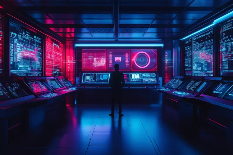 Illustration of a man standing in front of glowing control panels