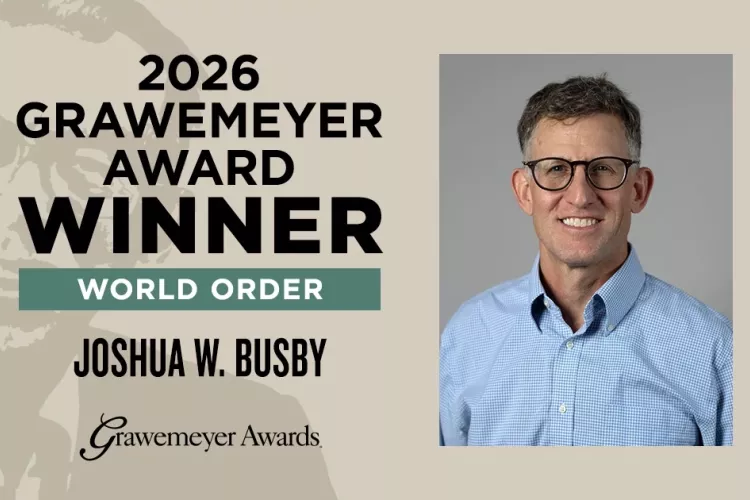 Annoucment grpahic and photo of man receiving Grawemeyer Award