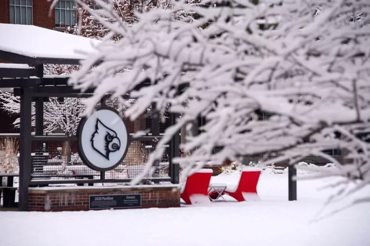 Snow covers the 2020 Pavilion on Belknap Campus.