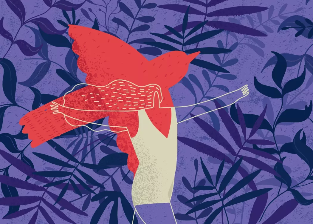 A purple-background illustration with dark purple foliage, a red cardinal bird in flight and a woman with long hair happily running with arms outstretched.