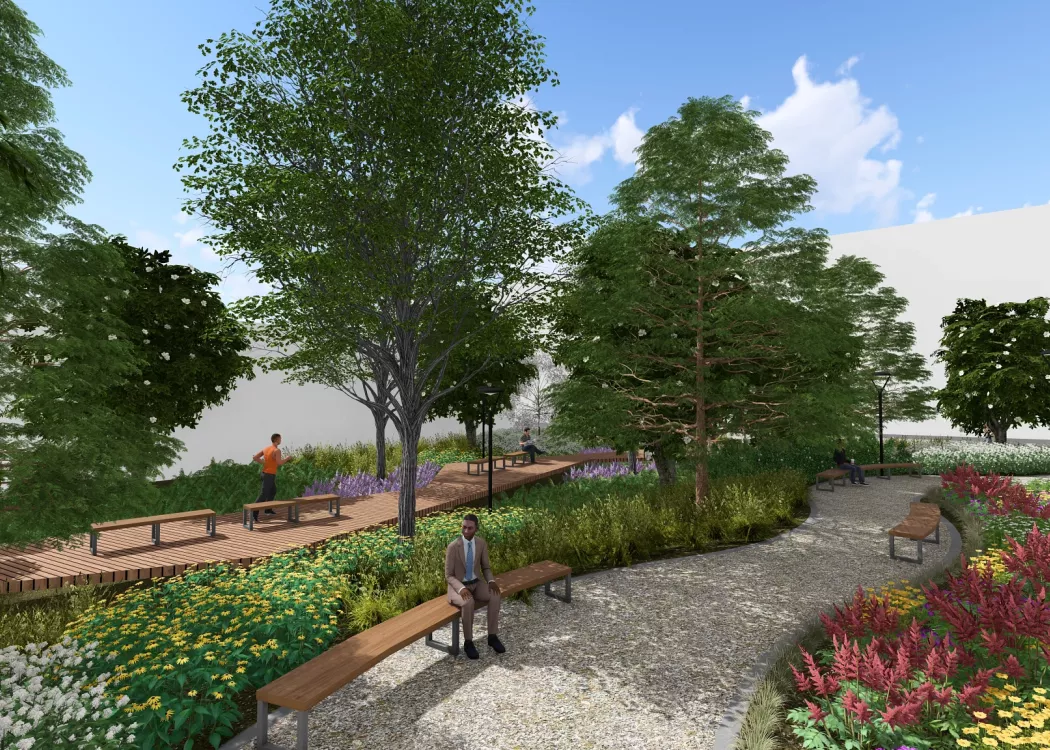 Illustration showing plants and walkways in a city park