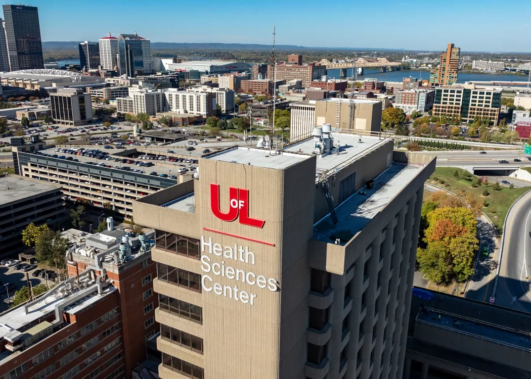 High angle shot of the Health Sciences Center tower