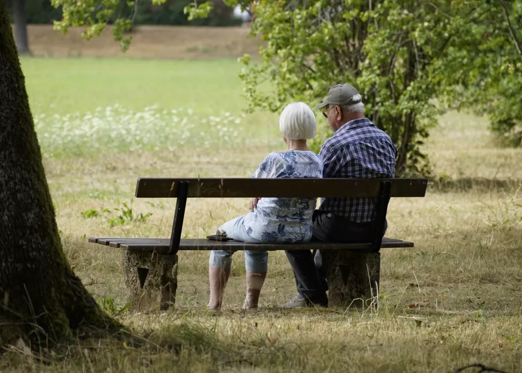 Two older adults sitting on a park bench amid trees and grass