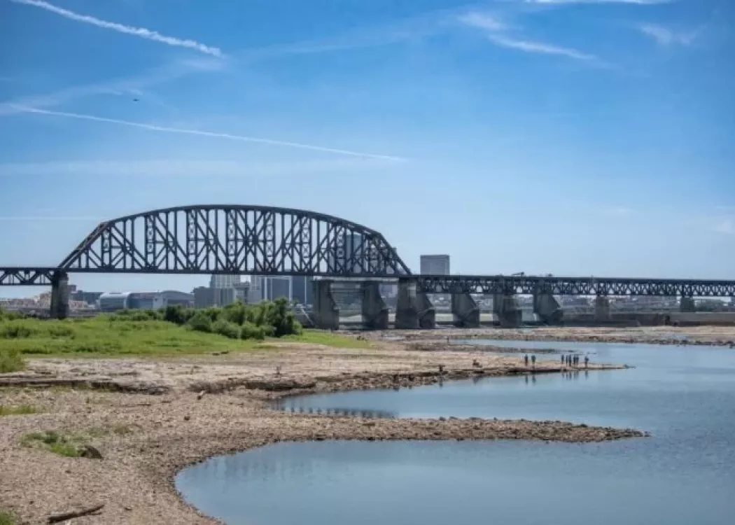 Ohio River with railroad bridge in the background.