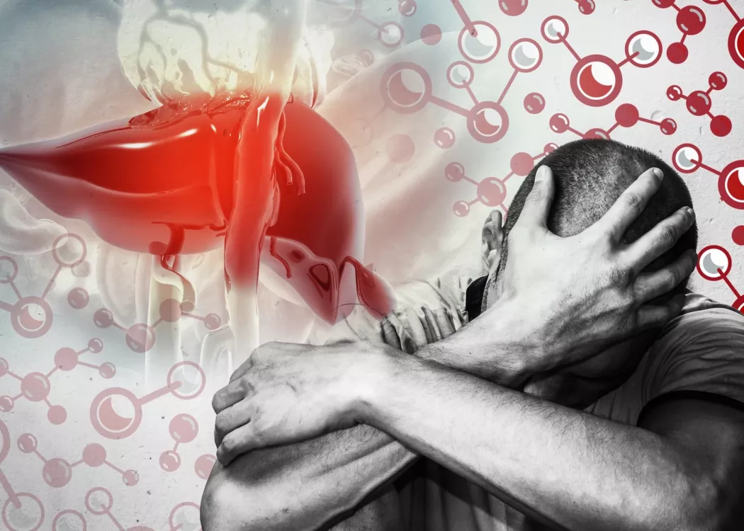 Man holding head with image of liver in background