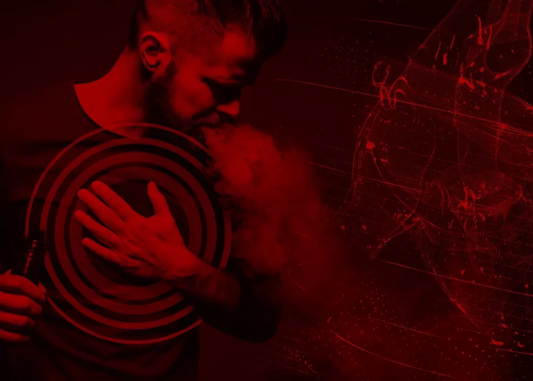 Illustration of man clutching his chest next to a graphic of a human heart.
