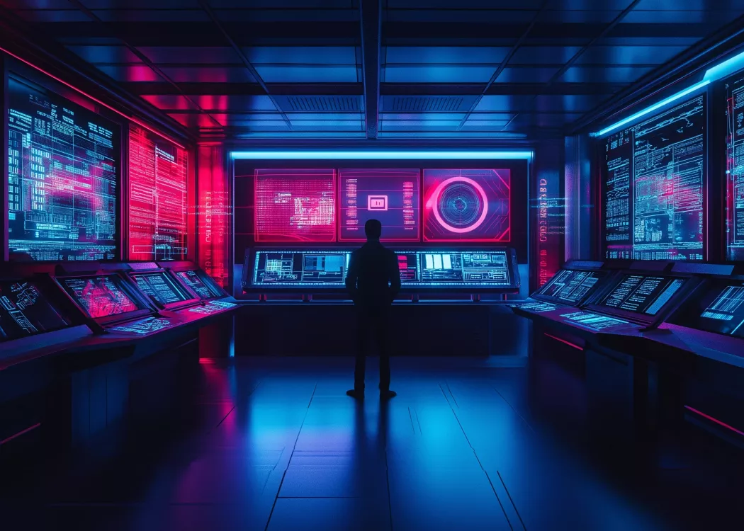 Illustration of a man standing in front of glowing control panels
