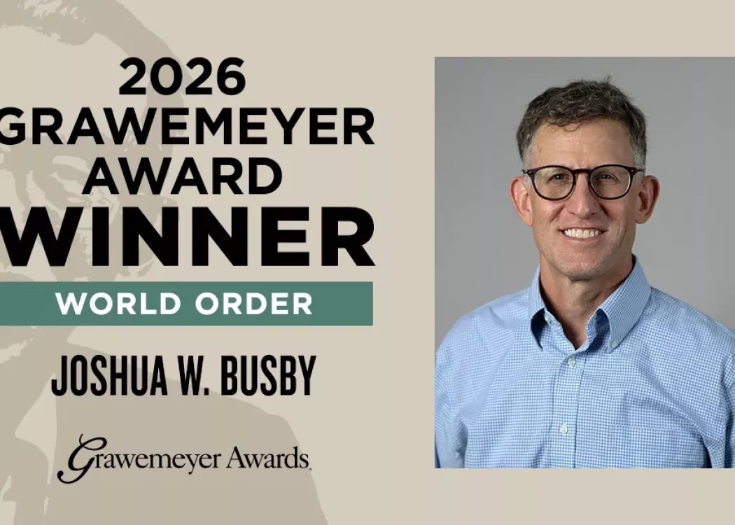 Annoucment grpahic and photo of man receiving Grawemeyer Award