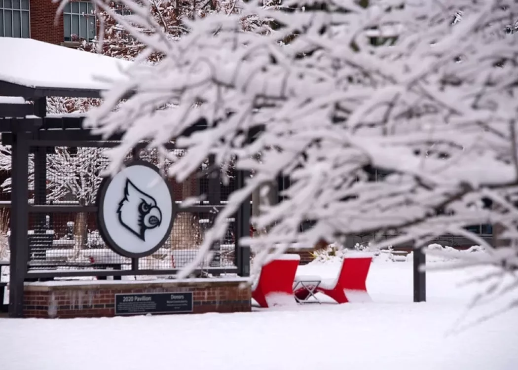 Snow covers the 2020 Pavilion on Belknap Campus.