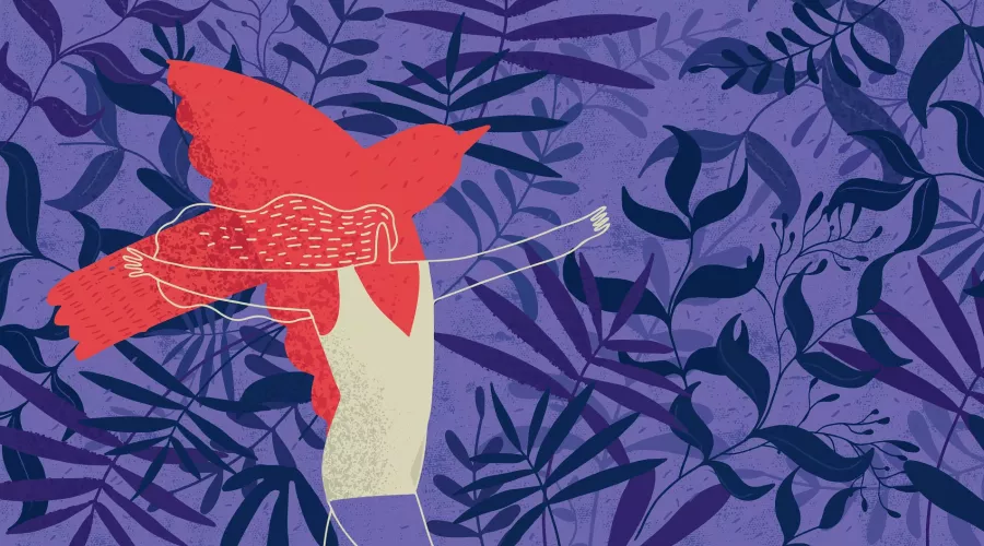 A purple-background illustration with dark purple foliage, a red cardinal bird in flight and a woman with long hair happily running with arms outstretched.