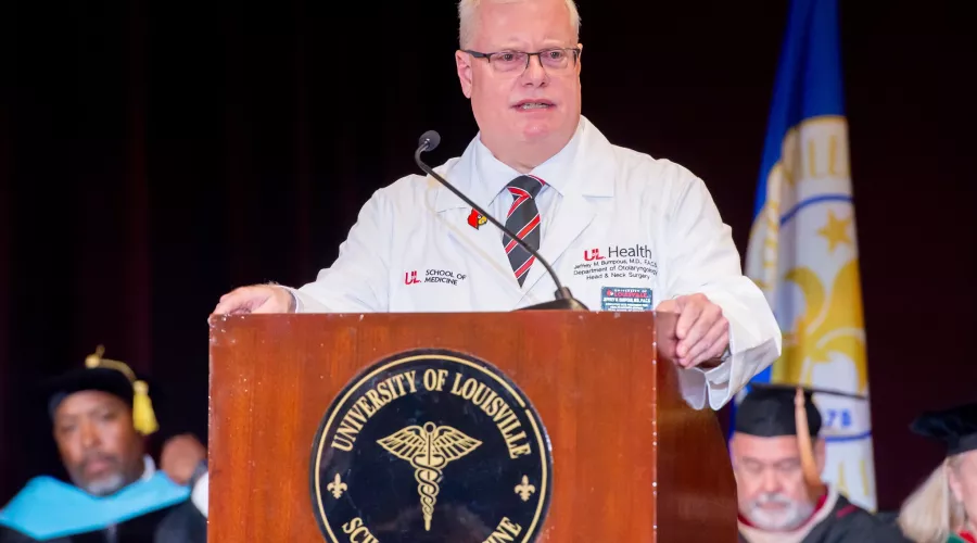 Jeffrey Bumpous addressing the crowd at the white coat ceremony.