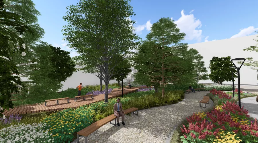 Illustration showing plants and walkways in a city park