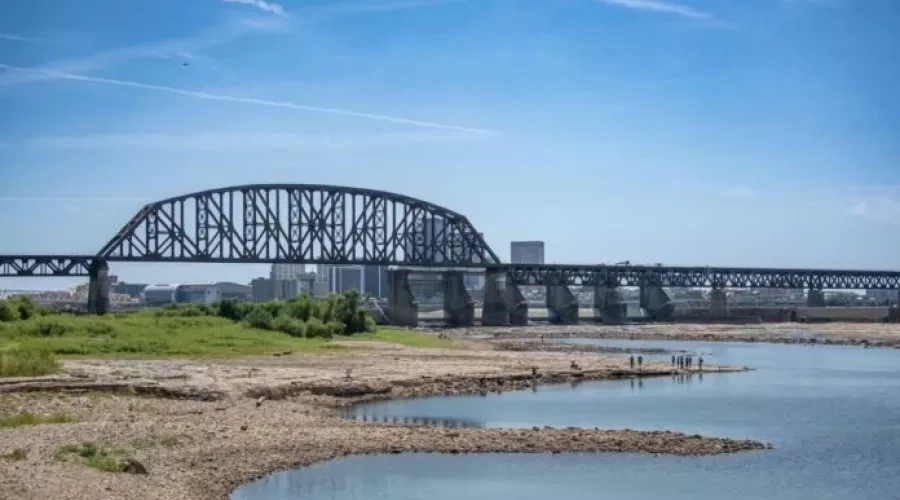 Ohio River with railroad bridge in the background.