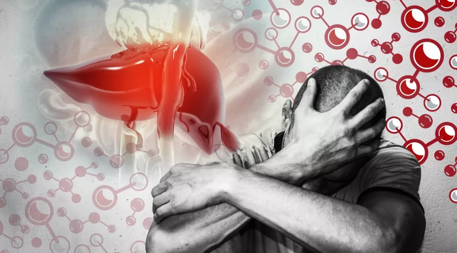 Man holding head with image of liver in background