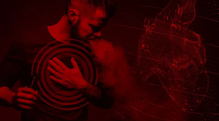 Illustration of man clutching his chest next to a graphic of a human heart.