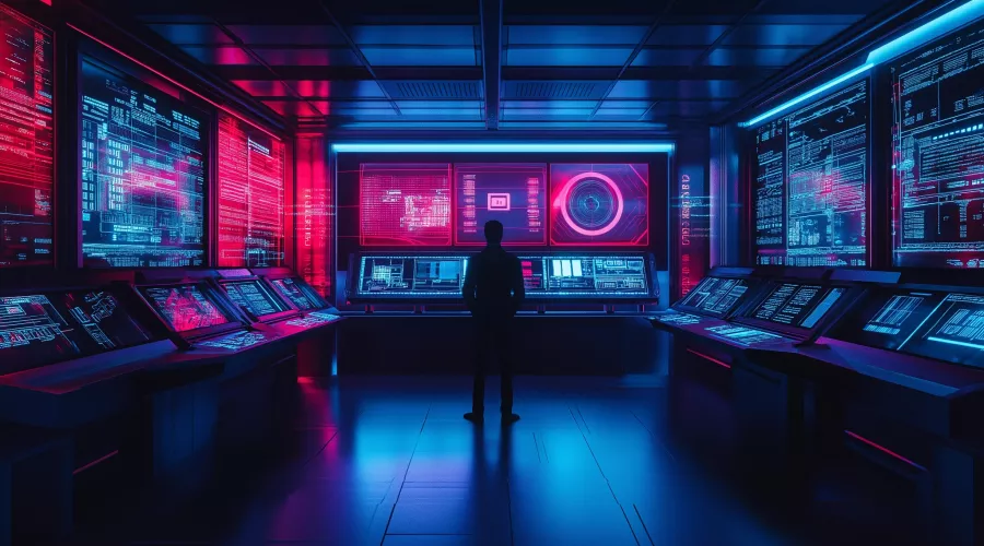 Illustration of a man standing in front of glowing control panels