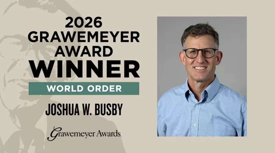 Annoucment grpahic and photo of man receiving Grawemeyer Award