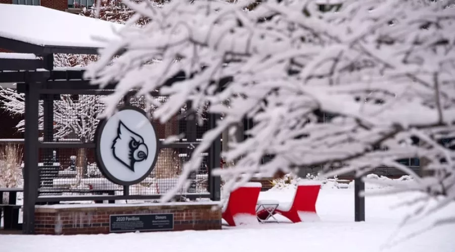 Snow covers the 2020 Pavilion on Belknap Campus.