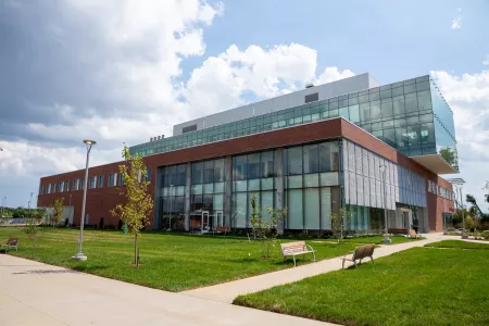Four-story brick and glass classroom and research building